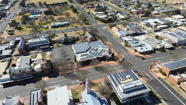 Aerial drone footage of the streets and buildings of Inverell town, NSW, Australia