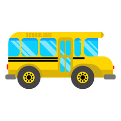 flat vector illustration with isolated background. school yellow bus with wheels, frontally. for icons, stickers.