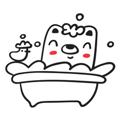 Little bear taking a bath. Outline icon on white background.