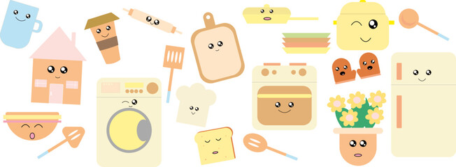 Kawaii kitchen utensils vector illustrations cute