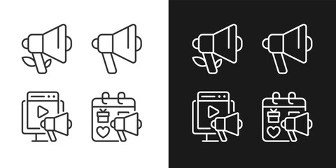 Effective advertising strategies pixel perfect linear icons set for dark, light mode. Unpaid marketing. Seasonal sales. Thin line symbols for night, day theme. Isolated illustrations. Editable stroke