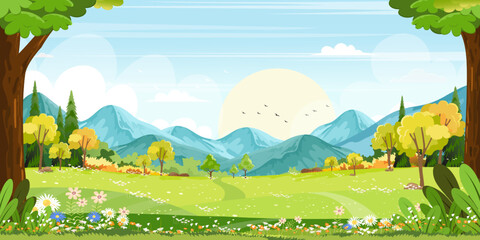Naklejka premium Panorama view of spring village with green meadow on hills with blue sky, Vector cartoon Spring or Summer landscape, Panoramic countryside landscape mountains with wild flowers fields
