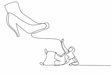 Single continuous line drawing small Arabian businesswoman under the giant foot. Big boss foot in the shoe is going to crush office clerk. Minimal metaphor. One line graphic design vector illustration