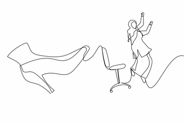 Single continuous line drawing young small Arabian businesswoman kicked out by big foot. Manager kicked away from chair by giant feet. Minimalism metaphor. One line graphic design vector illustration