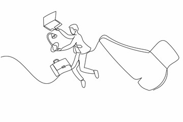 Single one line drawing young businessman kicked out of work with office supplies. Office worker being fired, Dismissal of staff. Minimal metaphor. Continuous line design graphic vector illustration