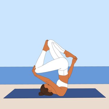 Shoulderstand Pose Variation/ Salamba Sarvangasana. Flexible Woman doing practicing yoga asana on mat in nature, seaside, fashion illustration poster, new cartoon painting