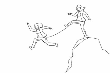 Continuous one line drawing businesswoman kick business partner fall off cliff. Dishonesty, betrayal or jealousy colleague, career competitor or cheating. Single line draw design vector illustration