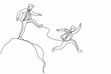 Single one line drawing businessman kick throw male colleague off cliff or hill. Man eliminate rival coworker at workplace. Rivalry and competition. Continuous line design graphic vector illustration