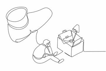 Continuous one line drawing sadness businessman sitting on the floor near office supplies under big foot stomp. Unemployment, dismissal, jobless people. Single line design vector graphic illustration