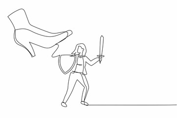 Single one line drawing young businesswoman fight to giant foot with shield and sword. Office worker against boss big shoe stomp. Minimal metaphor. Continuous line design graphic vector illustration