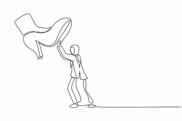 Single one line drawing young Arab businesswoman against giant shoes stomping. Female employee push against giant foot step. Minimal metaphor. Continuous line draw design graphic vector illustration