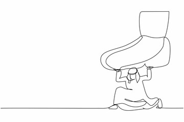 Single continuous line drawing active Arab businessman under giant foot trample. Male manager pressure and domination, limiting freedom. Minimalism metaphor. One line draw design vector illustration