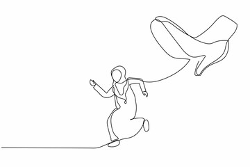 Single one line drawing young Arabian businesswoman run away from stomping foot. Office worker running from giant unfair business competition. Modern continuous line design graphic vector illustration