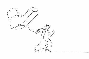 Continuous one line drawing brave Arabian businessman run away from stomping foot. Male employee oppressed by boss with under big shoe. Minimalist metaphor. Single line draw design vector illustration
