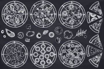 Pizza hand drawn vector illustrations collection. Chalk greek, margherita, pepperoni, veggie, ham and mushrooms and seafood pizzas.