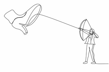 Continuous one line drawing brave businesswoman aiming bow against giant shoes stomping. Female archering against giant foot step. Minimalist metaphor. Single line design vector graphic illustration