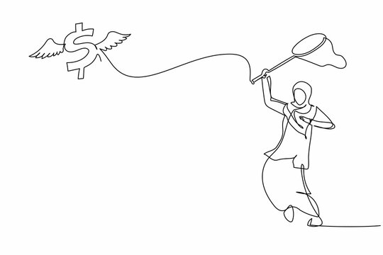 Single continuous line drawing Arabian businesswoman try to catching flying dollar symbol with butterfly net. Dollar inflation causes prices to rise. One line draw graphic design vector illustration