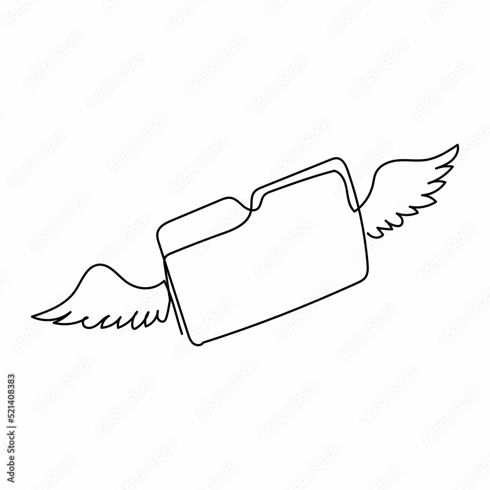 Poster single continuous line drawing flying document folder with wings. minimal design folder with files, 