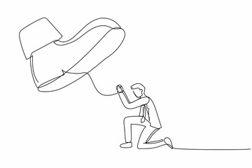 Continuous one line drawing businessman kneel down under big foot. Male manager under tyranny, dictatorship, authoritarian. Minimal metaphor concept. Single line design vector graphic illustration