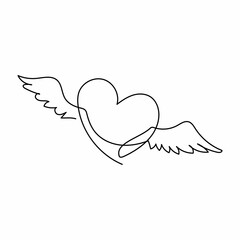 Continuous one line drawing flying heart love with wings. Romantic love. Holiday celebration, wedding invitation, greeting card on white background. Single line draw design vector graphic illustration