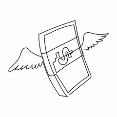 Continuous one line drawing flying money stack with wings. Winged dollar American currency bills packs. Angel investment, sending dollar banknotes. Single line draw design vector graphic illustration