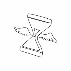 Single one line drawing flying hourglass with wings. Flying sand clock hourglass and time logo symbol. Winged sand glass deadline metaphor. Modern continuous line design graphic vector illustration
