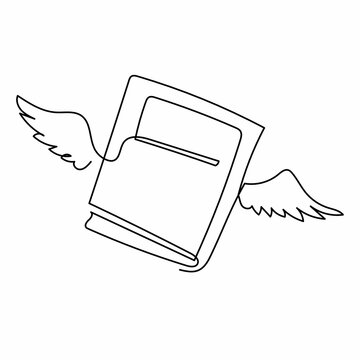 Single continuous line drawing flying book with wings. Winged book white creative emblem. Educational sign, library symbol. Branding identity. Dynamic one line draw graphic design vector illustration