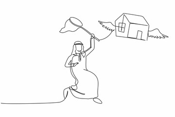 Single one line drawing Arabian businessman try to catching flying house with butterfly net. Property prices soar every year. Business metaphor. Continuous line draw design graphic vector illustration