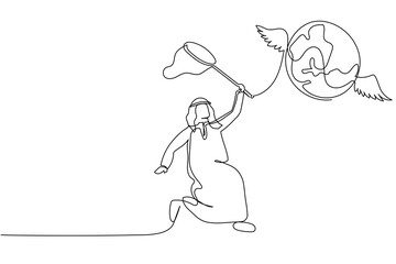 Continuous one line drawing Arabian businessman try to catching flying globe with butterfly net. Failed to travelling around world due to pandemic. Single line draw design vector graphic illustration