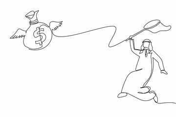 Fototapeta premium Single one line drawing Arabian businessman try to catching flying money bag with butterfly net.