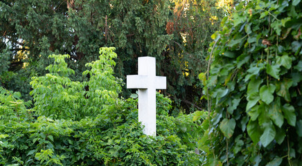 White Christian cross in an old cemetery in a thicket of greenery