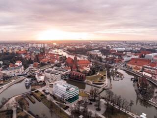 Sunrise drone shot of Wrocław, Poland