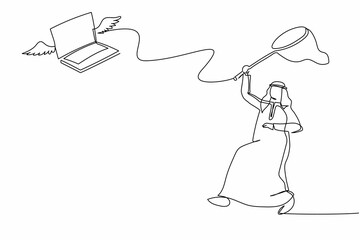 Single one line drawing Arabian businessman try to catching flying laptop with butterfly net. Loss of important company data. Business metaphor. Continuous line draw design graphic vector illustration