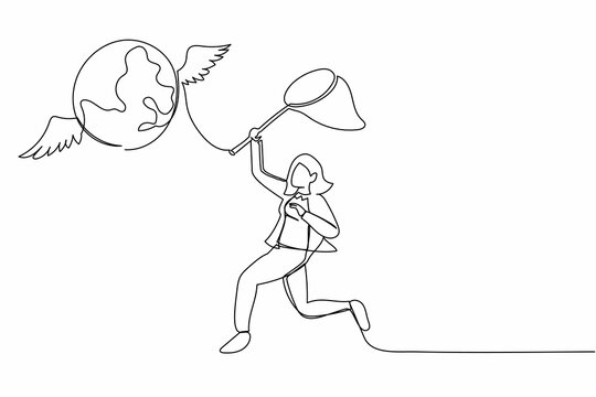 Continuous one line drawing businesswoman try to catching flying globe with butterfly net. Failed to travel the world because of economic crisis. Single line draw design vector graphic illustration