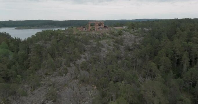 Aerial view of ruins of Notvik Tower at fortress of Bomarsund with cannons in the summer at Sund, Ahvenanmaa, Finland.