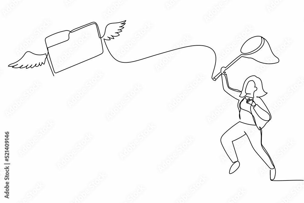 Poster single continuous line drawing businesswoman try to catching flying folder with butterfly net. leaka