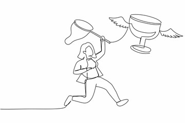 Single one line drawing businesswoman try to catching flying trophy with butterfly net.