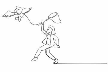 Continuous one line drawing businesswoman try to catching flying dollar symbol with butterfly net. Economic crisis caused value of dollar fly high. Single line draw design vector graphic illustration
