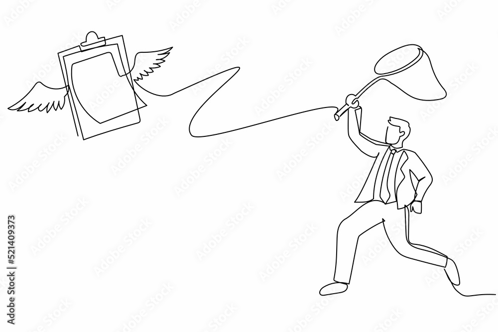 Poster single continuous line drawing businessman try to catching flying clipboard with butterfly net. appr