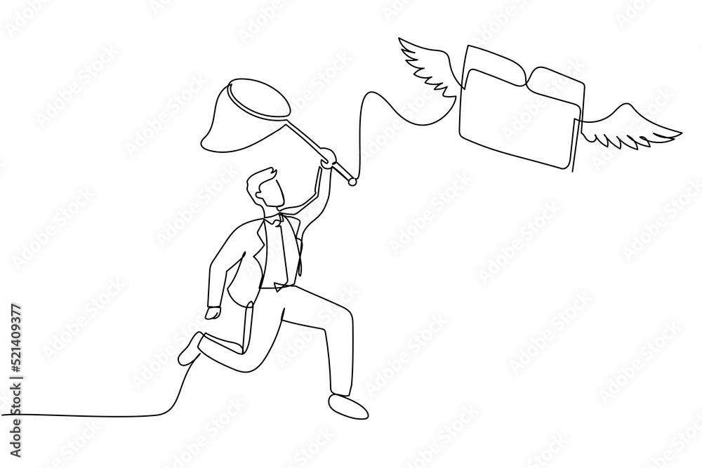 Poster single continuous line drawing businessman try to catching flying folder with butterfly net. analyzi