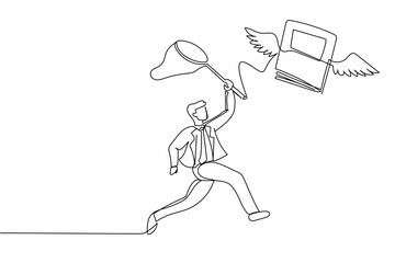 Single continuous line drawing businessman try to catching flying book with butterfly net. Higher education to pursuit career growth. Worker study literature. One line draw design vector illustration