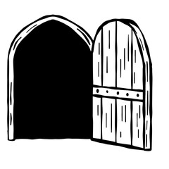 Old wooden door of castle. Ancient entrance to fortress or house. Cartoon scenery. Gate to dungeon. Door with arch and doorway. Hand drawn outline illustration