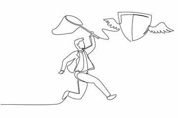 Single one line drawing active businessman try to catching flying shield with butterfly net. Expensive security and protection insurance. Modern continuous line draw design graphic vector illustration