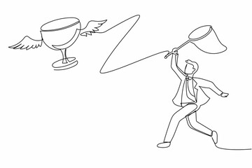 Continuous one line drawing businessman try to catching flying trophy with butterfly net. Sport game icon, logo, badge. Victory trophies and awards. Single line draw design vector graphic illustration