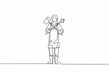 Single continuous line drawing cute female blacksmith standing wearing apron holding hammer and tongs crossed. Craftswoman work at metalwork workshop. One line draw graphic design vector illustration