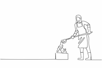 Single one line drawing female blacksmith wearing gloves and apron with melting casting and welding metallurgy process. Steel craft metalwork. Continuous line draw design graphic vector illustration
