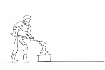 Single continuous line drawing blacksmith casting mold metal wearing protective uniform. Anvil worker male producing steel craft in metalwork workshop. One line draw graphic design vector illustration