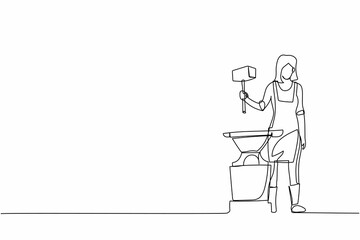 Continuous one line drawing female blacksmith wearing apron standing and holding hammer in front of the anvil. Metal worker making craft art production. Single line design vector graphic illustration