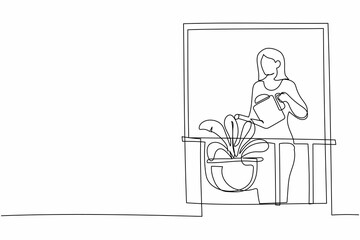 Continuous one line drawing active woman watering flowers on the balcony. Young lady doing gardening favorite hobby. Home garden, house plants growing. Single line design vector graphic illustration