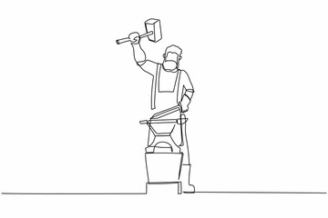 Continuous one line drawing bearded blacksmith forges small sword on the anvil. Young man blacksmith in apron standing working hard with hot iron. Single line draw design vector graphic illustration